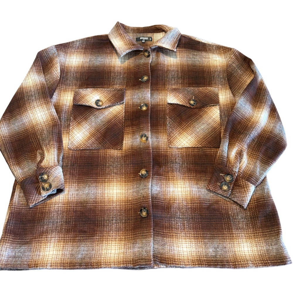 Missguided Shacket Plaid Button Up Polyester 12 Brown Oversized Flannel Jacket
